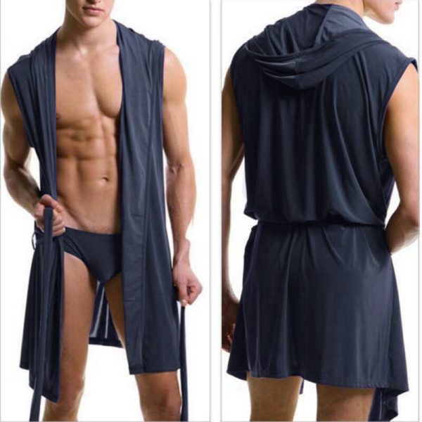 Sexy pajamas sleepwear Silk pijama hombre hooded bathrobe men bath 5 color set Summer dress bath robe with briefs - Image 2