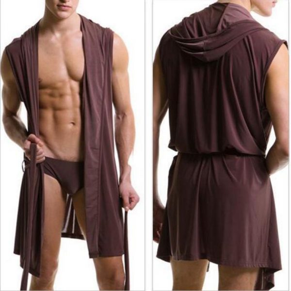 Sexy pajamas sleepwear Silk pijama hombre hooded bathrobe men bath 5 color set Summer dress bath robe with briefs - Image 3