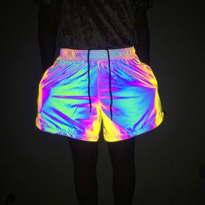 Rainbow color reflective shorts elastic waist nightclub stage costume woman casual loose short pants
