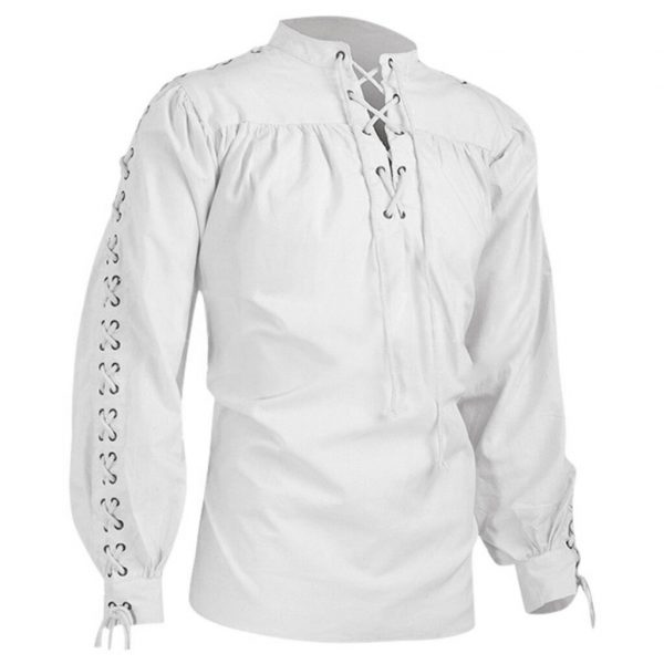 Men's Renaissance Pirate Shirt - White Cotton Lace-Up Top with Puffed Billowy Sleeves and Eyelet Details