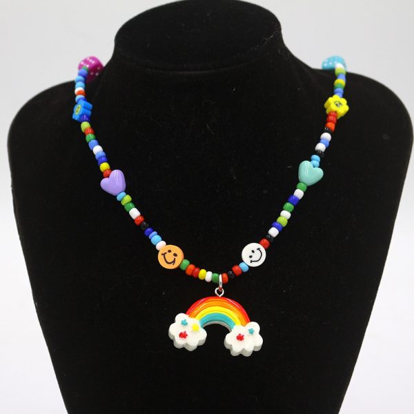 Rainbow Smiley Face Rice Beaded Necklace Jewelry