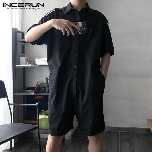 Men Cargo Overalls Jumpsuit With Belt Half Sleeve Streetwear Solid Casual Playsuit Pants Men Romper - Image 2