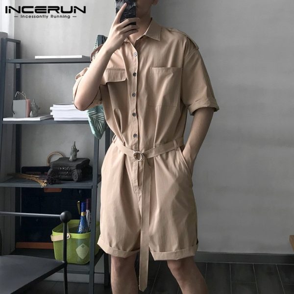 Men Cargo Overalls Jumpsuit With Belt Half Sleeve Streetwear Solid Casual Playsuit Pants Men Romper - Image 3