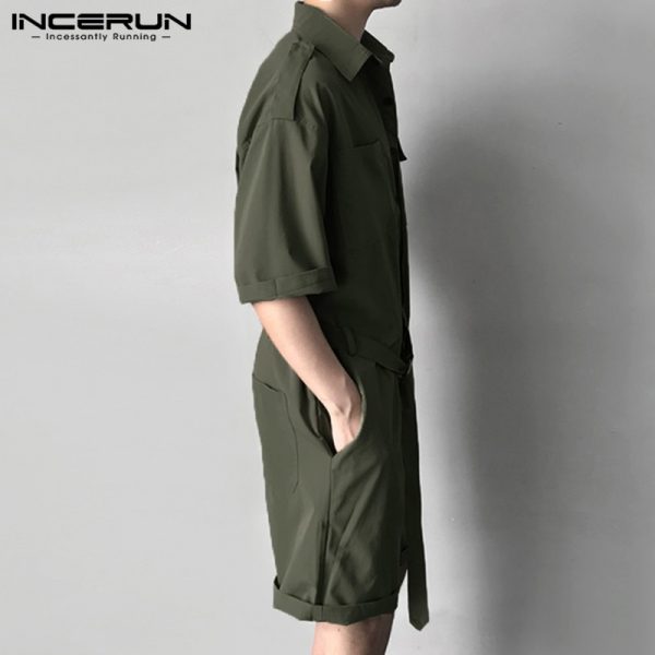 Men Cargo Overalls Jumpsuit With Belt Half Sleeve Streetwear Solid Casual Playsuit Pants Men Romper - Image 4