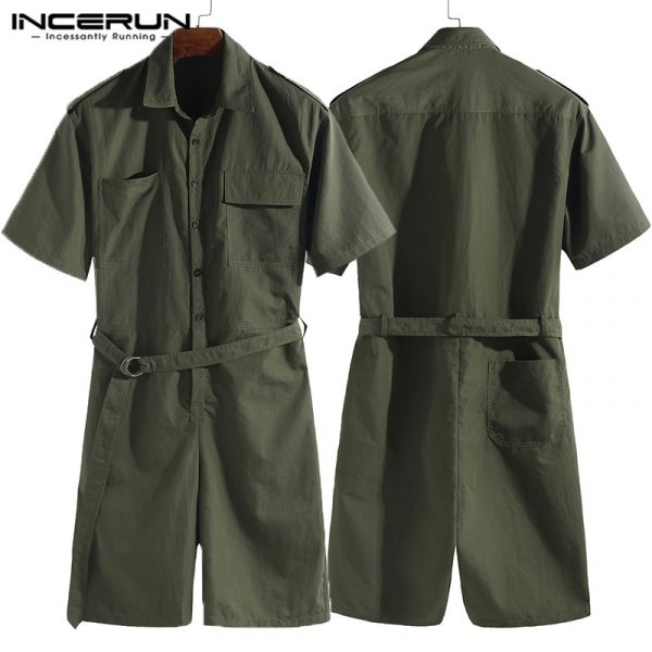 Men Cargo Overalls Jumpsuit With Belt Half Sleeve Streetwear Solid Casual Playsuit Pants Men Romper - Image 6