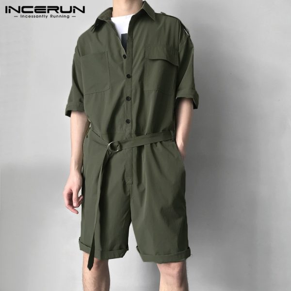 Men Cargo Overalls Jumpsuit With Belt Half Sleeve Streetwear Solid Casual Playsuit Pants Men Romper