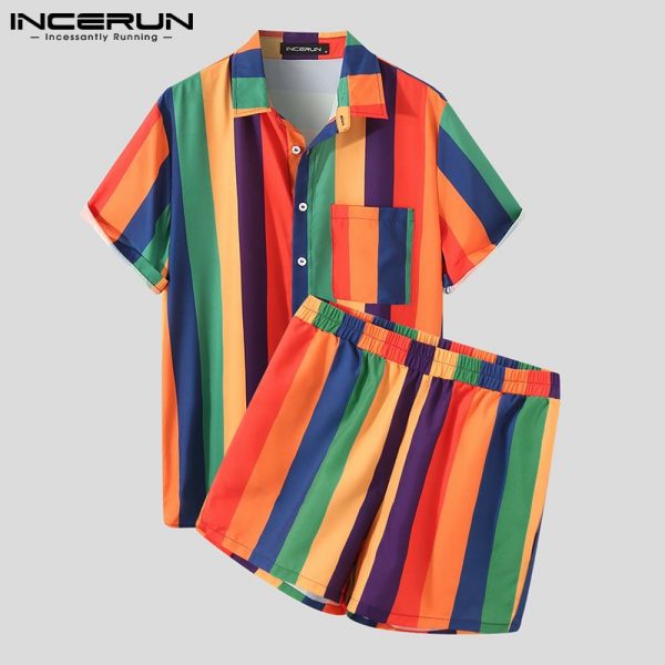 Fashion Men Striped Sets Colorful Lapel Short Sleeve Shirt & Shorts Vacation Casual Men Hawaiian Suits Streetwear S-5XL