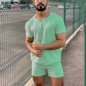 INCERUN Men Mesh Sets See Through Solid Color Summer Streetwear Short Sleeve T Shirt & Shorts 2 Pieces 2021 Casual Mens Suits