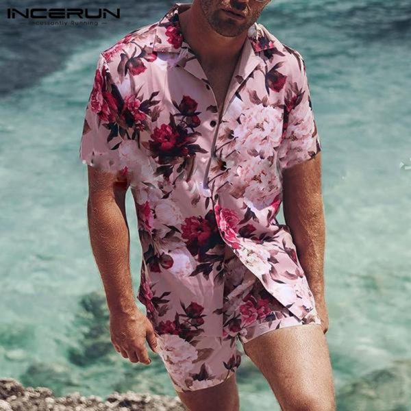 Men Sets Flower Printed Vacation Breathable Beach Lapel Short Sleeve Shirt Shorts Streetwear Men Hawaiian Suits 2 Pieces - Image 2