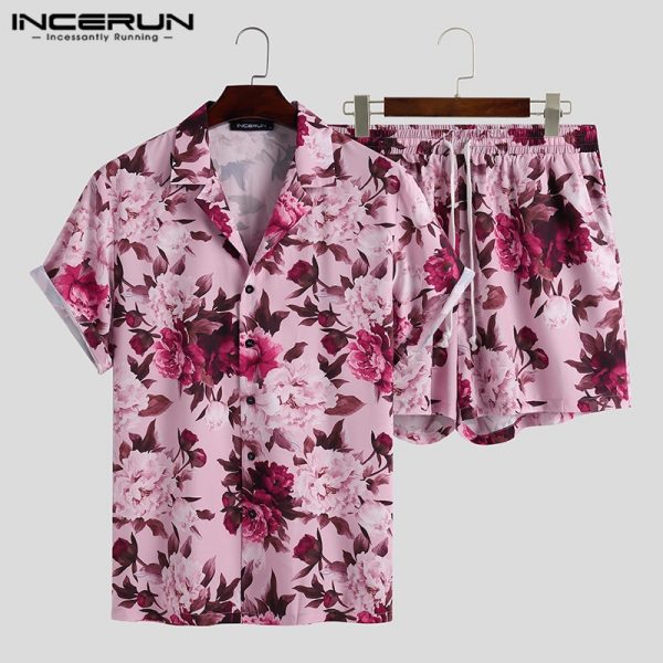 Men Sets Flower Printed Vacation Breathable Beach Lapel Short Sleeve Shirt Shorts Streetwear Men Hawaiian Suits 2 Pieces - Image 3