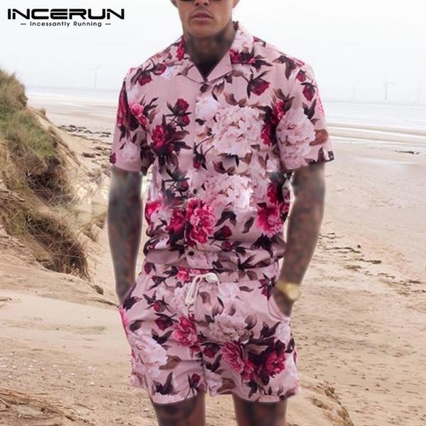 Men Sets Flower Printed Vacation Breathable Beach Lapel Short Sleeve Shirt Shorts Streetwear Men Hawaiian Suits 2 Pieces