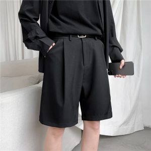 Korean Men's Shorts Straight Fit Knee-Length Suit Pant Solid Beige Black Summer Clothing Student Thin Loose Casual Mens Shorts