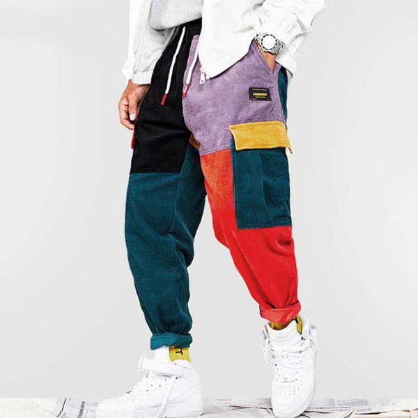 Corduroy Patchwork Cargo Pants Men Streetwear