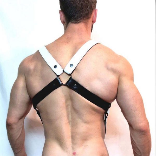 Men Black White Faux Leather Metal Rings Body Chest Harness Punk Male Leather Bondage Costume Sexy Gay Club Rave Straps Crop Top - Image 3