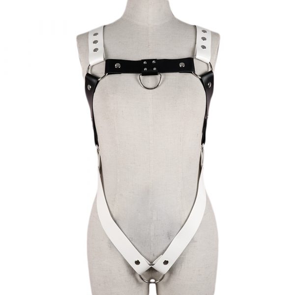 Men Black White Faux Leather Metal Rings Body Chest Harness Punk Male Leather Bondage Costume Sexy Gay Club Rave Straps Crop Top - Image 4