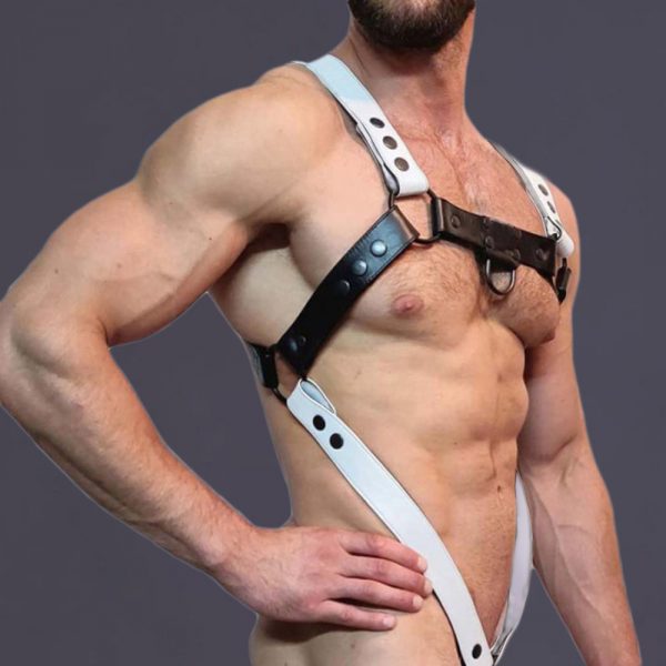 Men Black White Faux Leather Metal Rings Body Chest Harness Punk Male Leather Bondage Costume Sexy Gay Club Rave Straps Crop Top