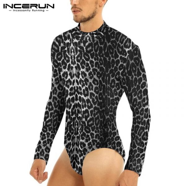 Men Casual Bodysuit Tops Camisetas Men Leopard Print Sexy T Shirts Fashion Long Sleeve High Collar Romper T-Shirts 5XL - Image 2