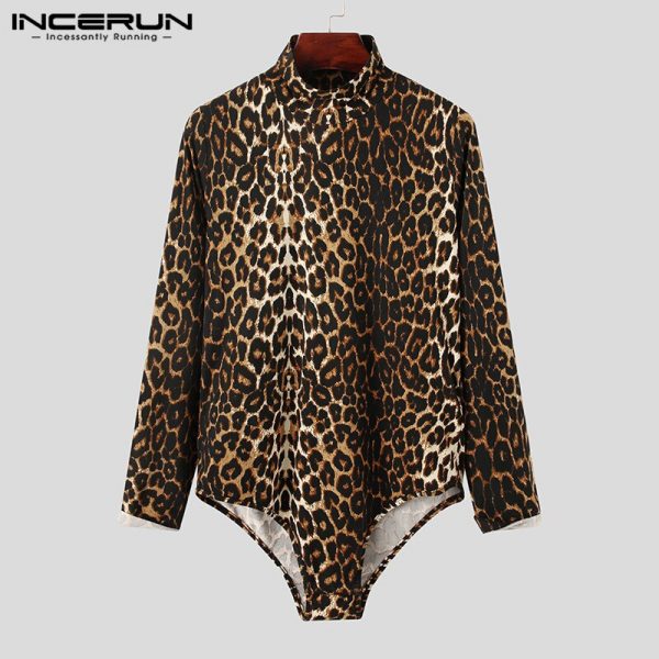 Men Casual Bodysuit Tops Camisetas Men Leopard Print Sexy T Shirts Fashion Long Sleeve High Collar Romper T-Shirts 5XL - Image 3