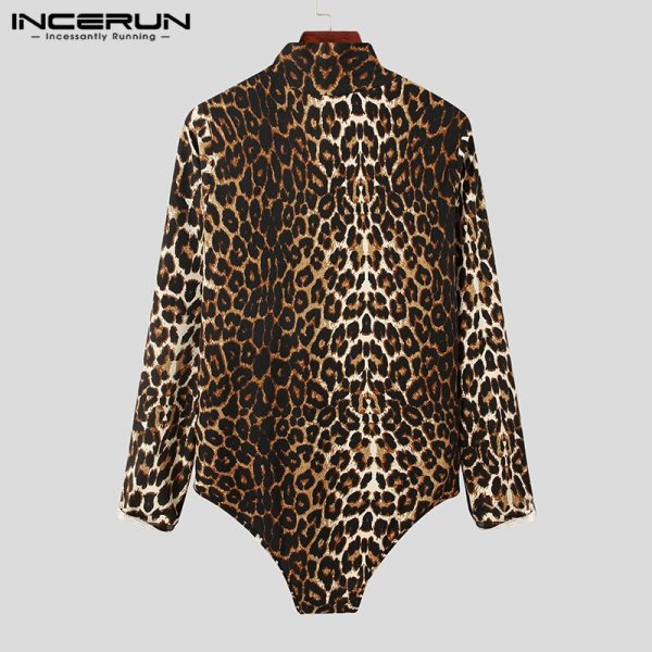 Men Casual Bodysuit Tops Camisetas Men Leopard Print Sexy T Shirts Fashion Long Sleeve High Collar Romper T-Shirts 5XL - Image 4