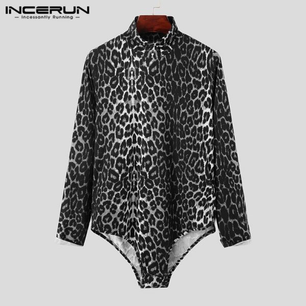 Men Casual Bodysuit Tops Camisetas Men Leopard Print Sexy T Shirts Fashion Long Sleeve High Collar Romper T-Shirts 5XL - Image 5