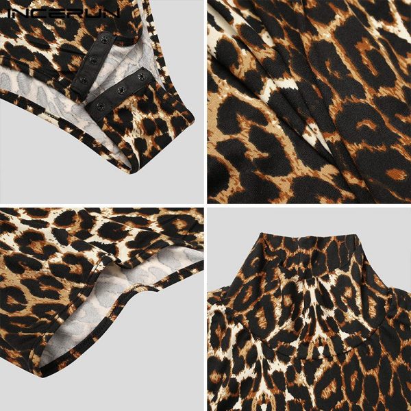 Men Casual Bodysuit Tops Camisetas Men Leopard Print Sexy T Shirts Fashion Long Sleeve High Collar Romper T-Shirts 5XL - Image 6