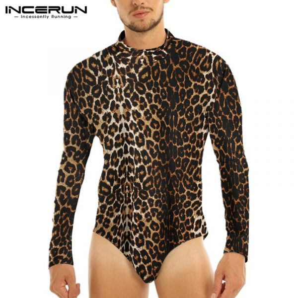 Men Casual Bodysuit Tops Camisetas Men Leopard Print Sexy T Shirts Fashion Long Sleeve High Collar Romper T-Shirts 5XL