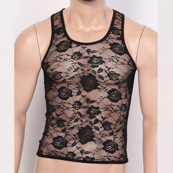 See Through Sheer U Neck Sleeveless Stretchy Floral Lace Sis-Muscle Fitted T-Shirt Undershirt Tank Top - Image 2