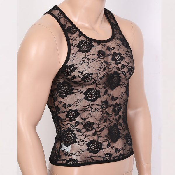 See Through Sheer U Neck Sleeveless Stretchy Floral Lace Sis-Muscle Fitted T-Shirt Undershirt Tank Top - Image 3