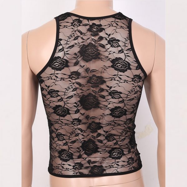 See Through Sheer U Neck Sleeveless Stretchy Floral Lace Sis-Muscle Fitted T-Shirt Undershirt Tank Top - Image 4