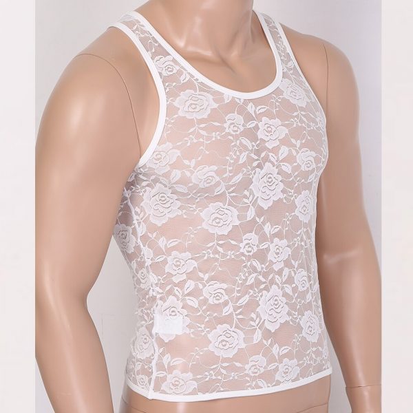 See Through Sheer U Neck Sleeveless Stretchy Floral Lace Sis-Muscle Fitted T-Shirt Undershirt Tank Top - Image 5