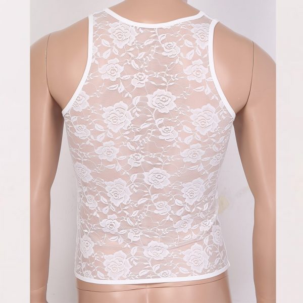 See Through Sheer U Neck Sleeveless Stretchy Floral Lace Sis-Muscle Fitted T-Shirt Undershirt Tank Top - Image 6