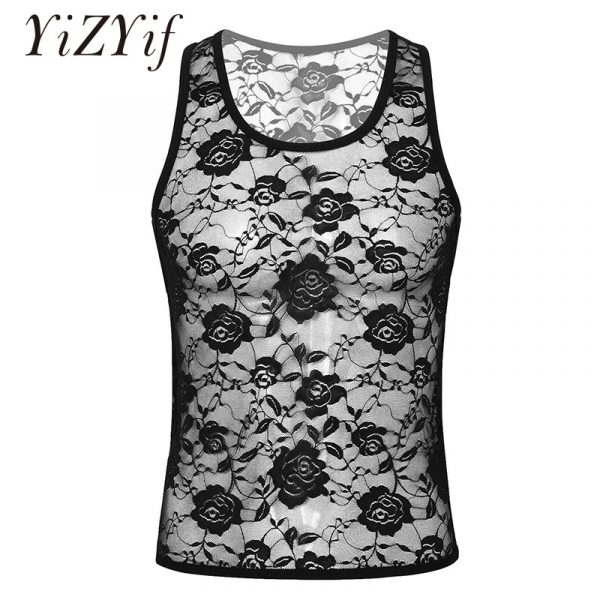 See Through Sheer U Neck Sleeveless Stretchy Floral Lace Sis-Muscle Fitted T-Shirt Undershirt Tank Top