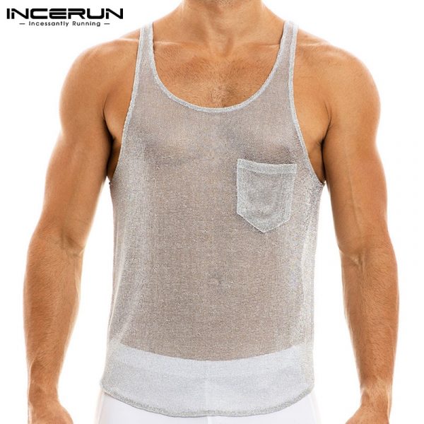 Men Sleeveless Mesh Thin Tops 2021 Summer Tank Tops Round Neck See Through Vests Man Fashion Pocket Vests Streetwear 5XL - Image 2