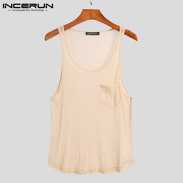 Men Sleeveless Mesh Thin Tops 2021 Summer Tank Tops Round Neck See Through Vests Man Fashion Pocket Vests Streetwear 5XL - Image 3