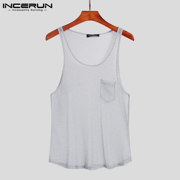 Men Sleeveless Mesh Thin Tops 2021 Summer Tank Tops Round Neck See Through Vests Man Fashion Pocket Vests Streetwear 5XL - Image 4