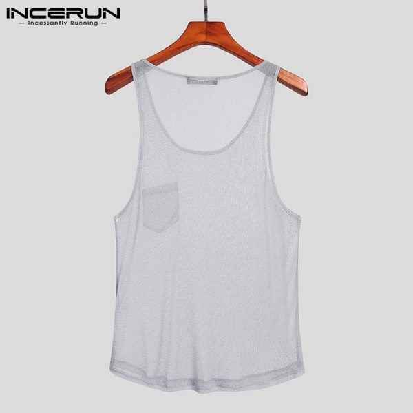 Men Sleeveless Mesh Thin Tops 2021 Summer Tank Tops Round Neck See Through Vests Man Fashion Pocket Vests Streetwear 5XL - Image 5