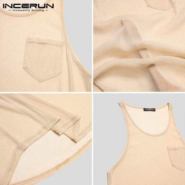 Men Sleeveless Mesh Thin Tops 2021 Summer Tank Tops Round Neck See Through Vests Man Fashion Pocket Vests Streetwear 5XL - Image 6