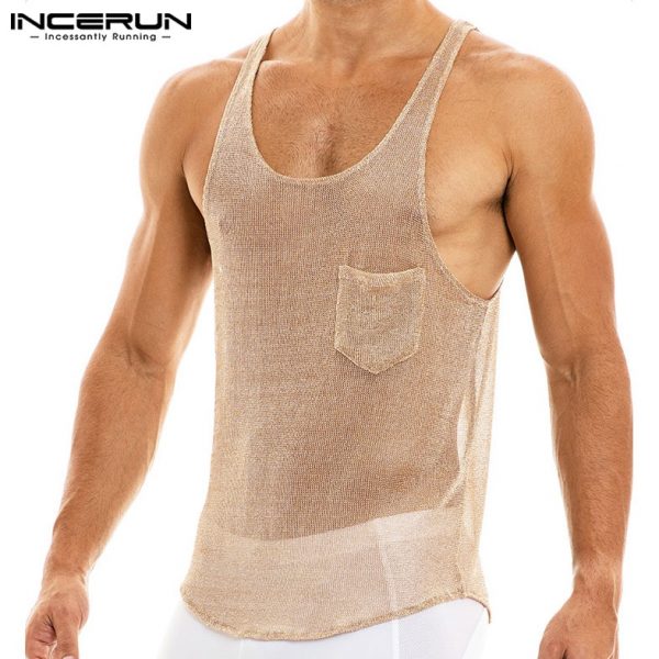 Men Sleeveless Mesh Thin Tops 2021 Summer Tank Tops Round Neck See Through Vests Man Fashion Pocket Vests Streetwear 5XL