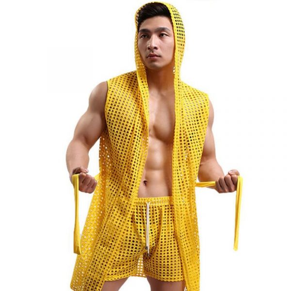 Men's Sunny Hero Mesh Hooded Workout Set - Bold Yellow Athletic Ensemble