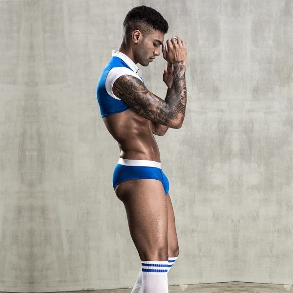 Men's Athletic Crop Top and Brief Set with Sport Number Detail in Royal Blue - Image 4