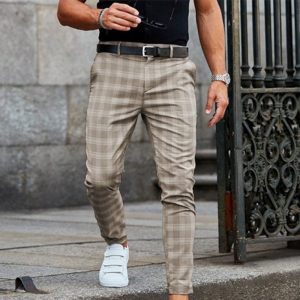 Plaid Men Pants Skinny Pantalon Trousers