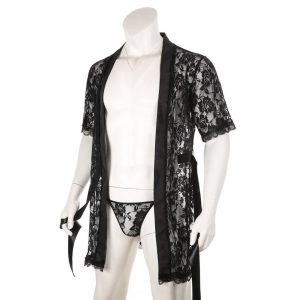 Sexy Men Casual Nightgown With Thong Lace Mesh Printed Transparent See Through Long Robes Beach Bathrobe Dressing Gown