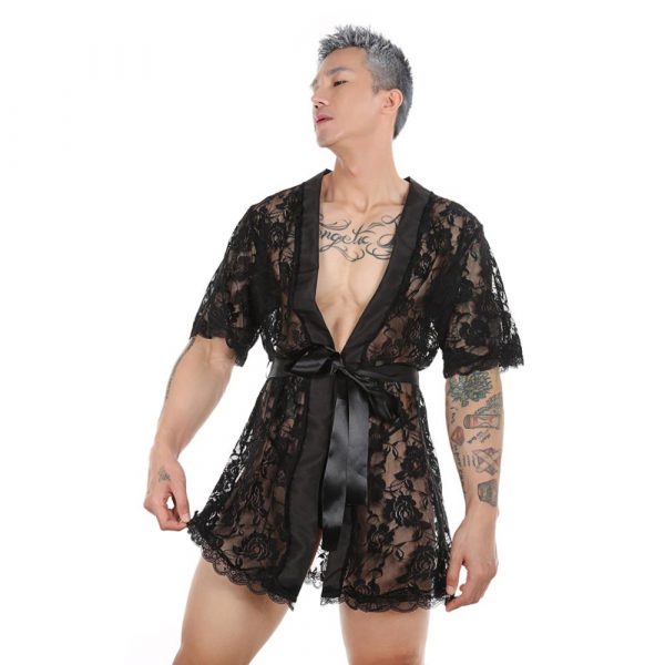 Sexy Mens Robe With Thong Lace Mesh - Image 5