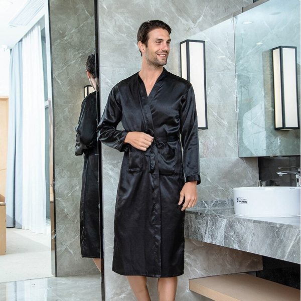 Solid Black XXL Groomsman Robe Men Silk Satin Robe Summer Casual Sleepwear V-Neck Kimono Yukata Bathrobe Gown Groomsman Robe - Image 3