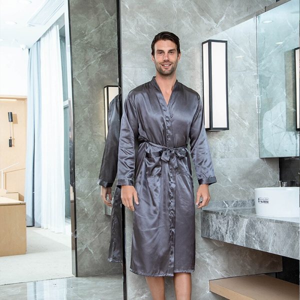 Solid Black XXL Groomsman Robe Men Silk Satin Robe Summer Casual Sleepwear V-Neck Kimono Yukata Bathrobe Gown Groomsman Robe - Image 6