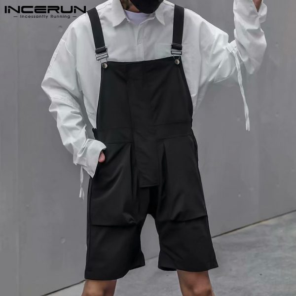 Mens Bib Romper Solid Color Pockets Streetwear Casual Jumpsuit - Image 2