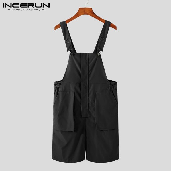 Mens Bib Romper Solid Color Pockets Streetwear Casual Jumpsuit - Image 3