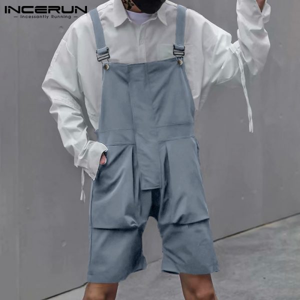 Mens Bib Romper Solid Color Pockets Streetwear Casual Jumpsuit