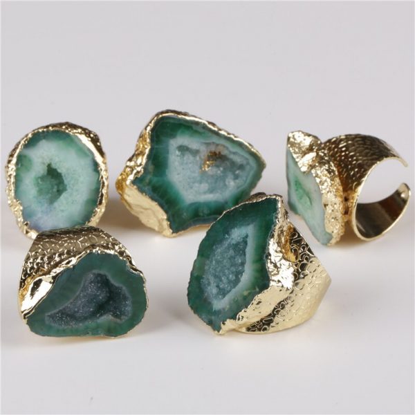 Gold Rim Vintage Retro Geode Crystal Adjustable Hammered Ring - Image 2