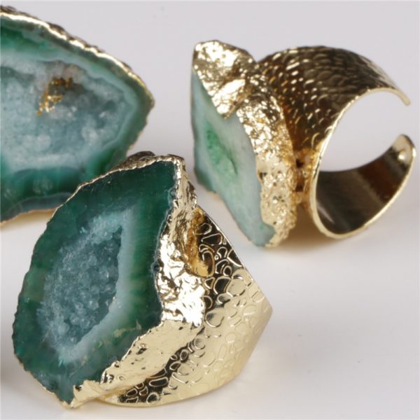 Gold Rim Vintage Retro Geode Crystal Adjustable Hammered Ring